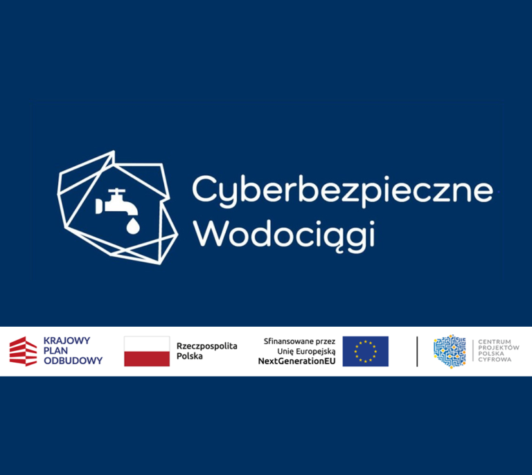 Plakat przedstawiający logotypy programu Cyberbezpieczne Wodociągi